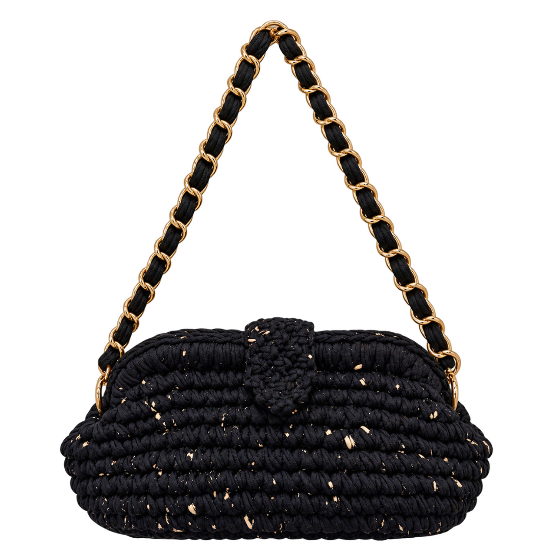 Crochet Snap Clutch | Black Sprinkle / Hand or Shoulder Carry