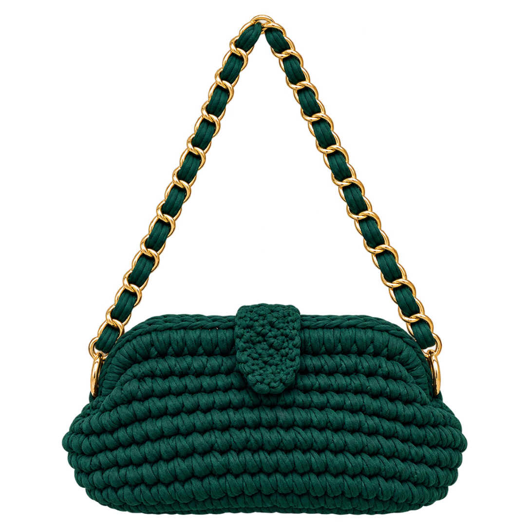 Crochet Snap Clutch | Deep Emerald / Hand or Shoulder Carry