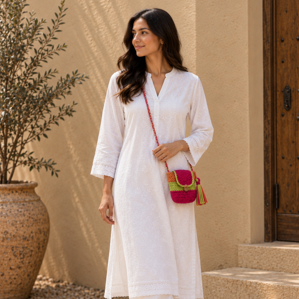 Crochet Bucket Sling | Fuchsia Pink, Light Peach, Lime/ Shoulder or Crossbody Carry