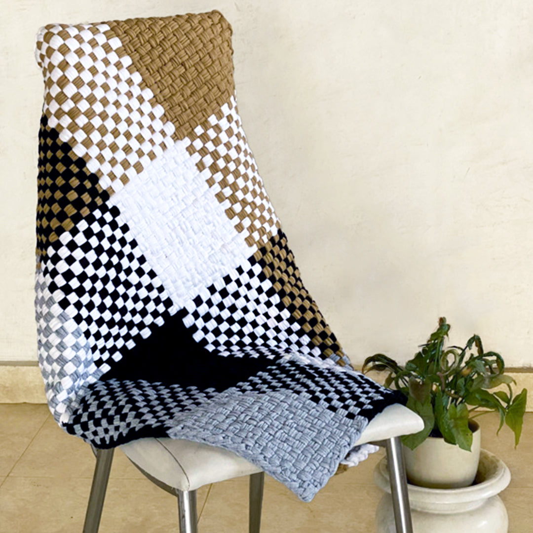Image of Braided Edged Floor Rug / Throw | Beige, White, Grey, Black