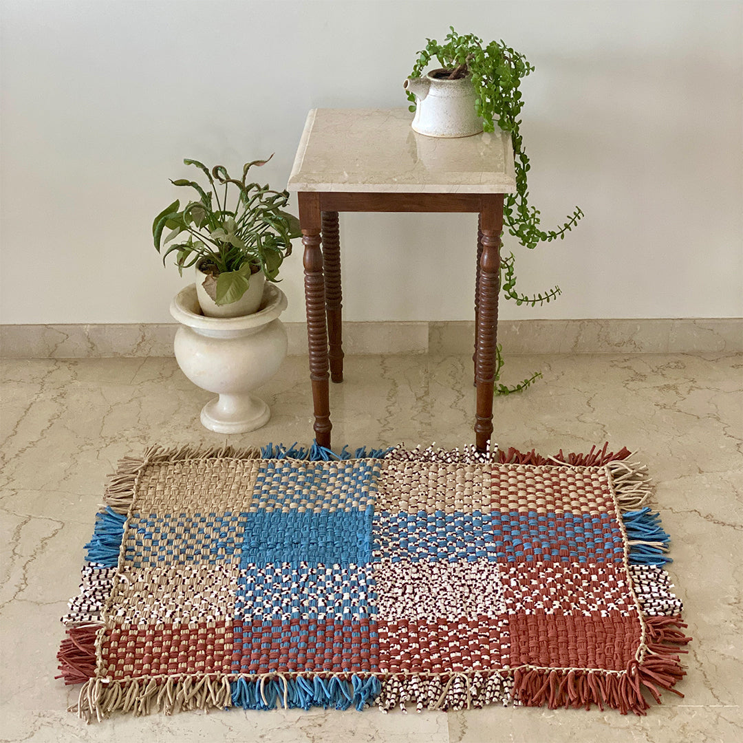 Image of Tassel Floor Rug / Throw Blue Brown Beige Off White