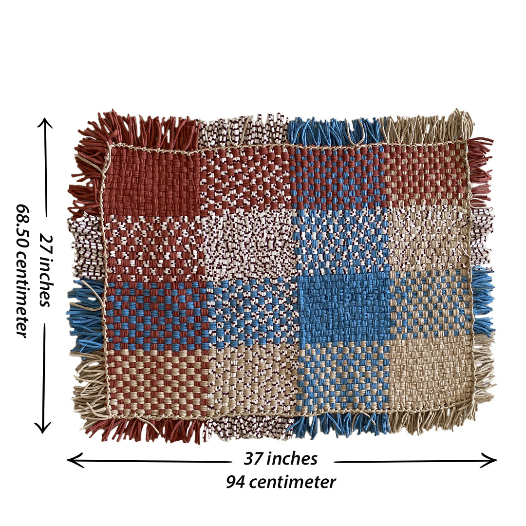 Image of Tassel Floor Rug / Throw Blue Brown Beige Off White