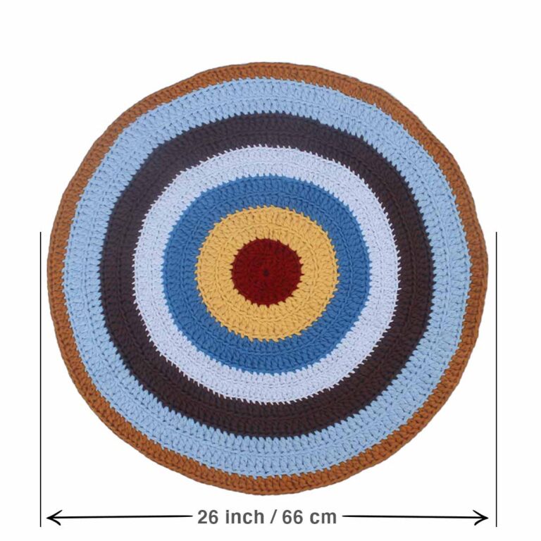 Image of Round Crochet Floor Rug Blue Brown Light grey Maroon