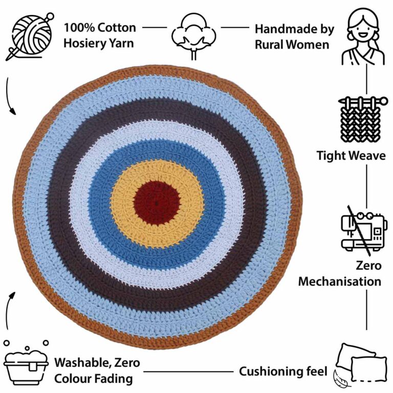 Image of Round Crochet Floor Rug Blue Brown Light grey Maroon