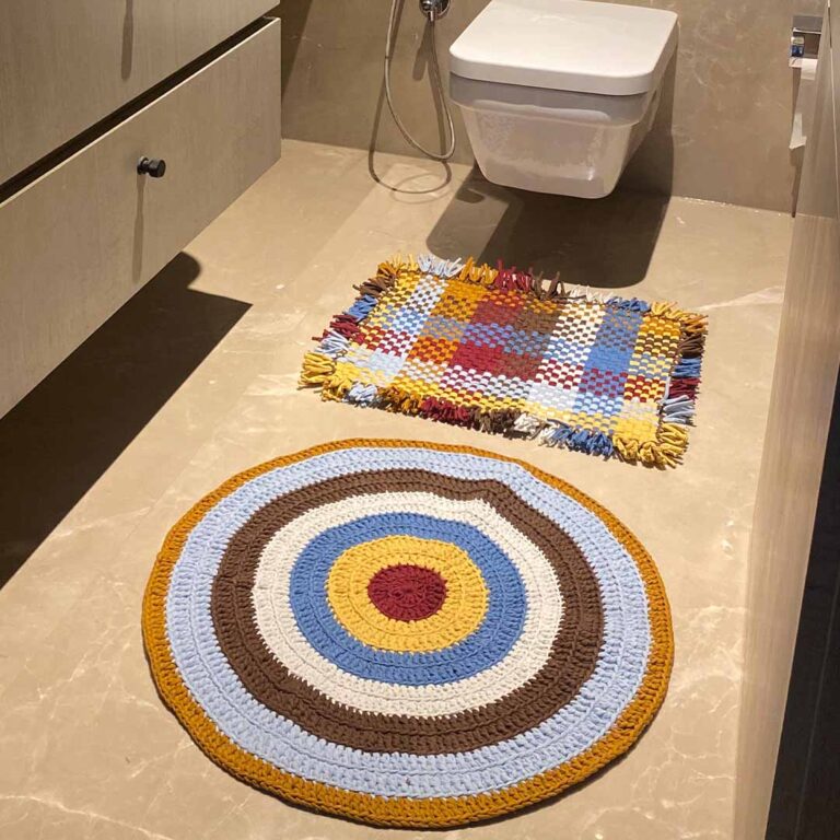 Image of Round Crochet Floor Rug Blue Brown Light grey Maroon