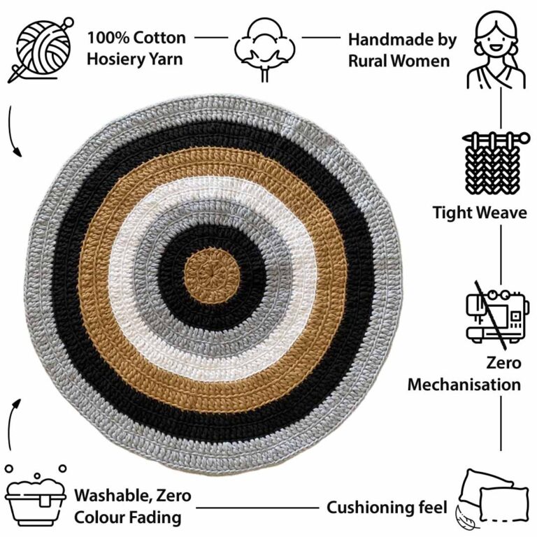 Image of Round Crochet Floor Rug Beige White Black Grey