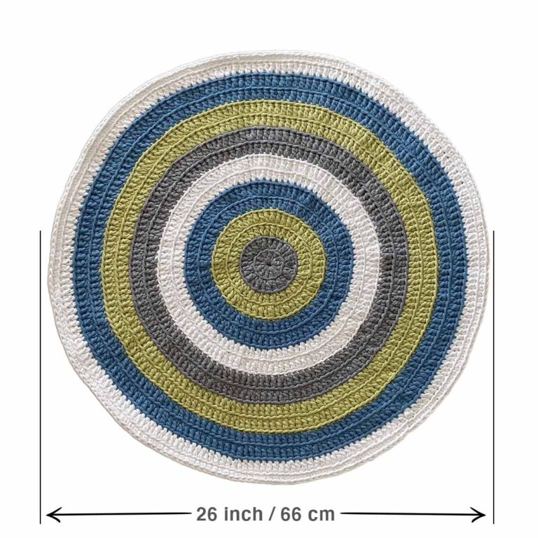 Image of Round Crochet Floor Rug Blue Lime White
