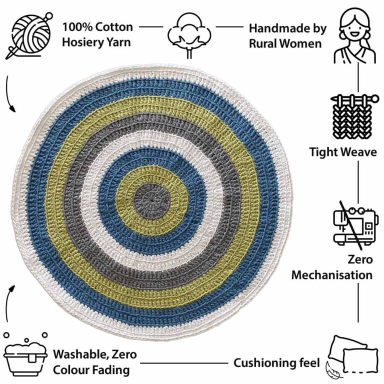 Image of Round Crochet Floor Rug Blue Lime White