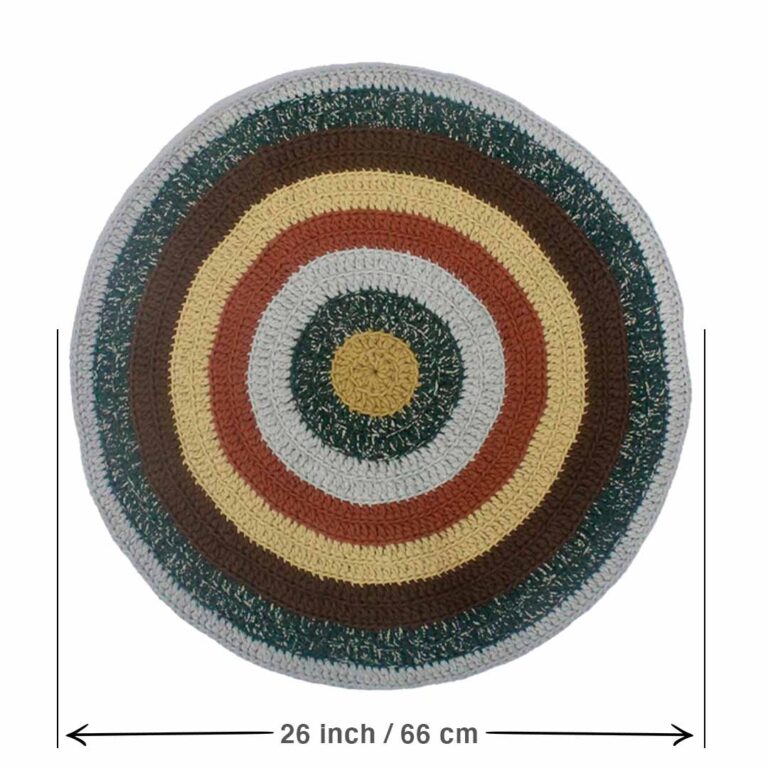 Image of Round Crochet Floor Rug Brown Green Beige Light Grey