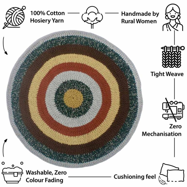 Image of Round Crochet Floor Rug Brown Green Beige Light Grey
