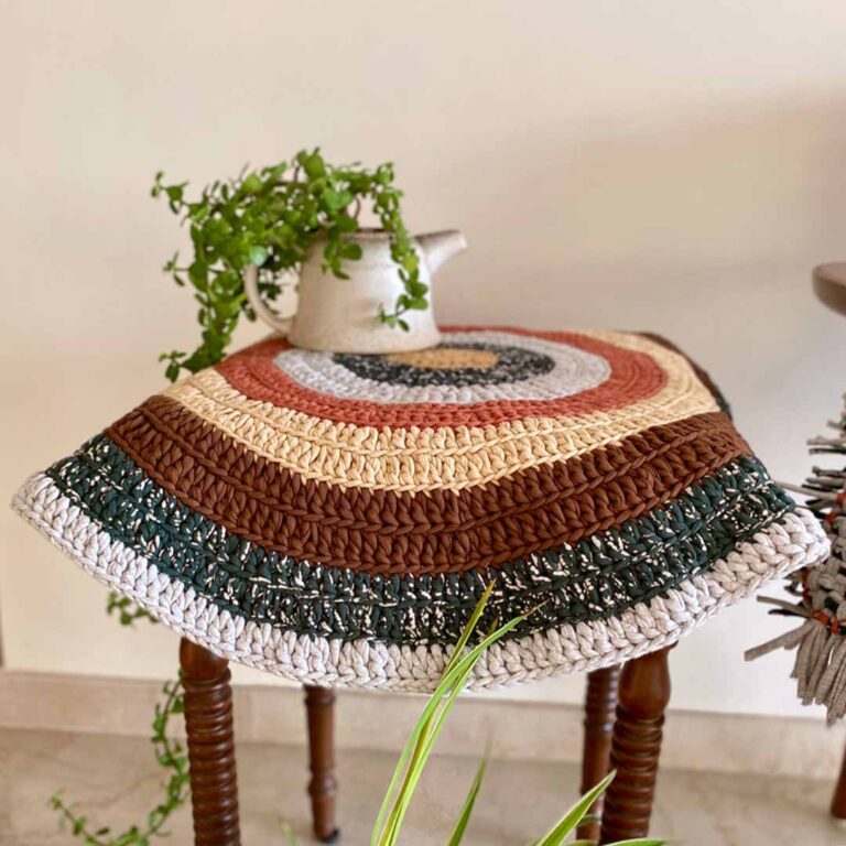 Image of Round Crochet Floor Rug Brown Green Beige Light Grey