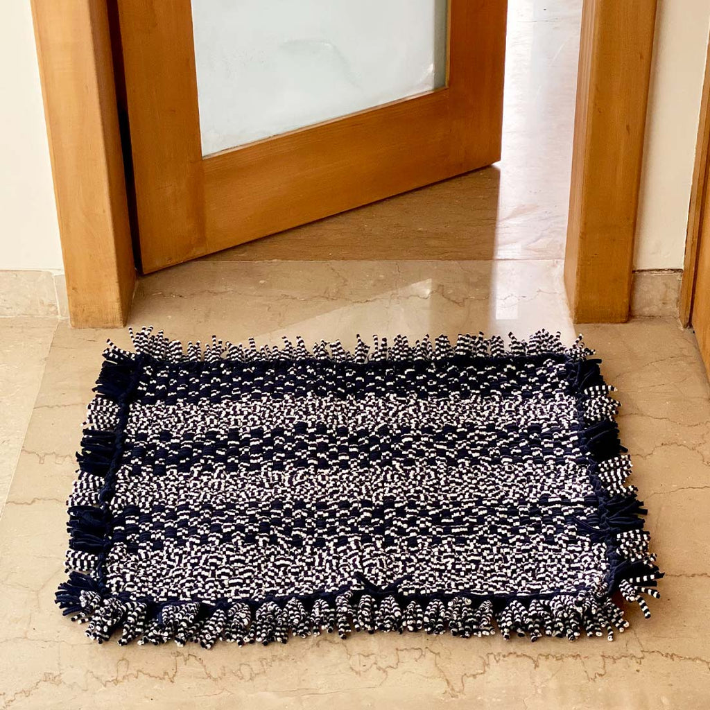 Bathroom Mat / Door Mat / Meditation Mat | Black, White Ikkat