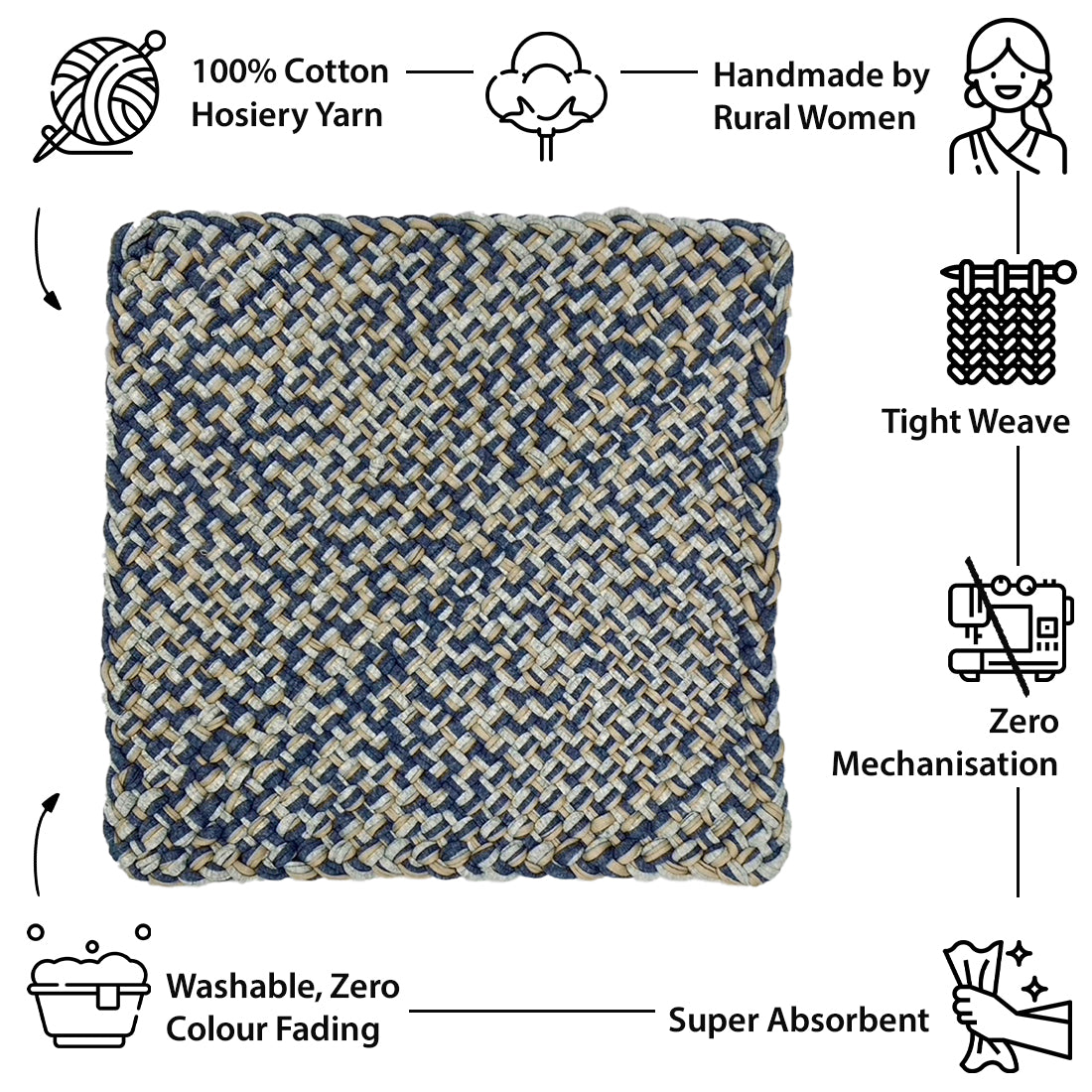 Image of Set of 4 Hand-Woven Square Placemats / Dining Mats Blue Melange Nude Grey