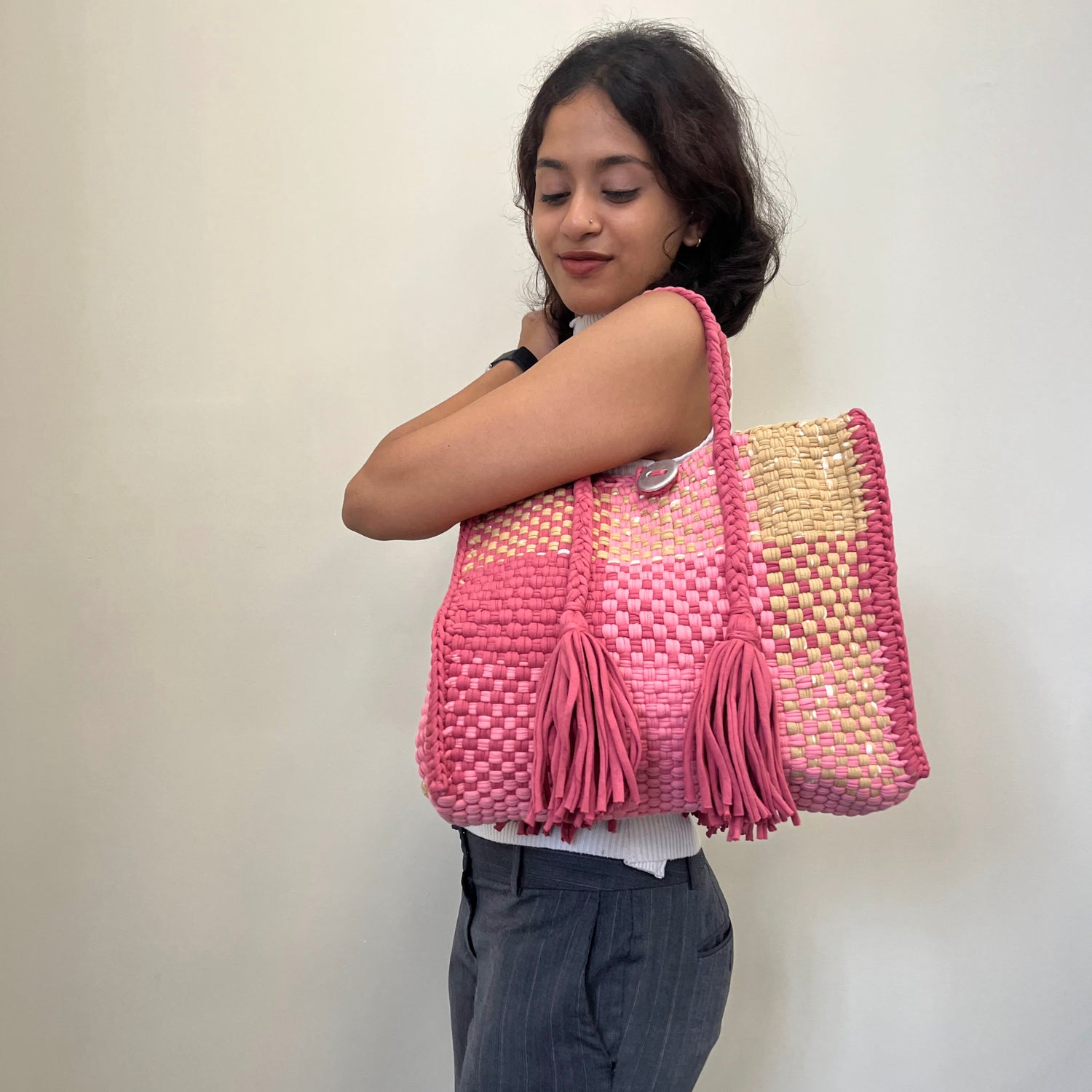 Image of Oversized Tote / Hand / Shoulder Carry Pink Beige Blush
