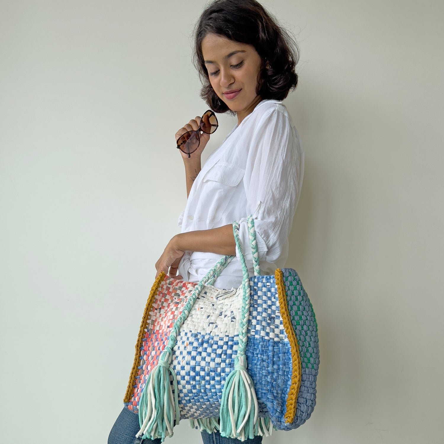 Image of Oversized Tote / Hand / Shoulder Carry peach, ivory blue green ocre
