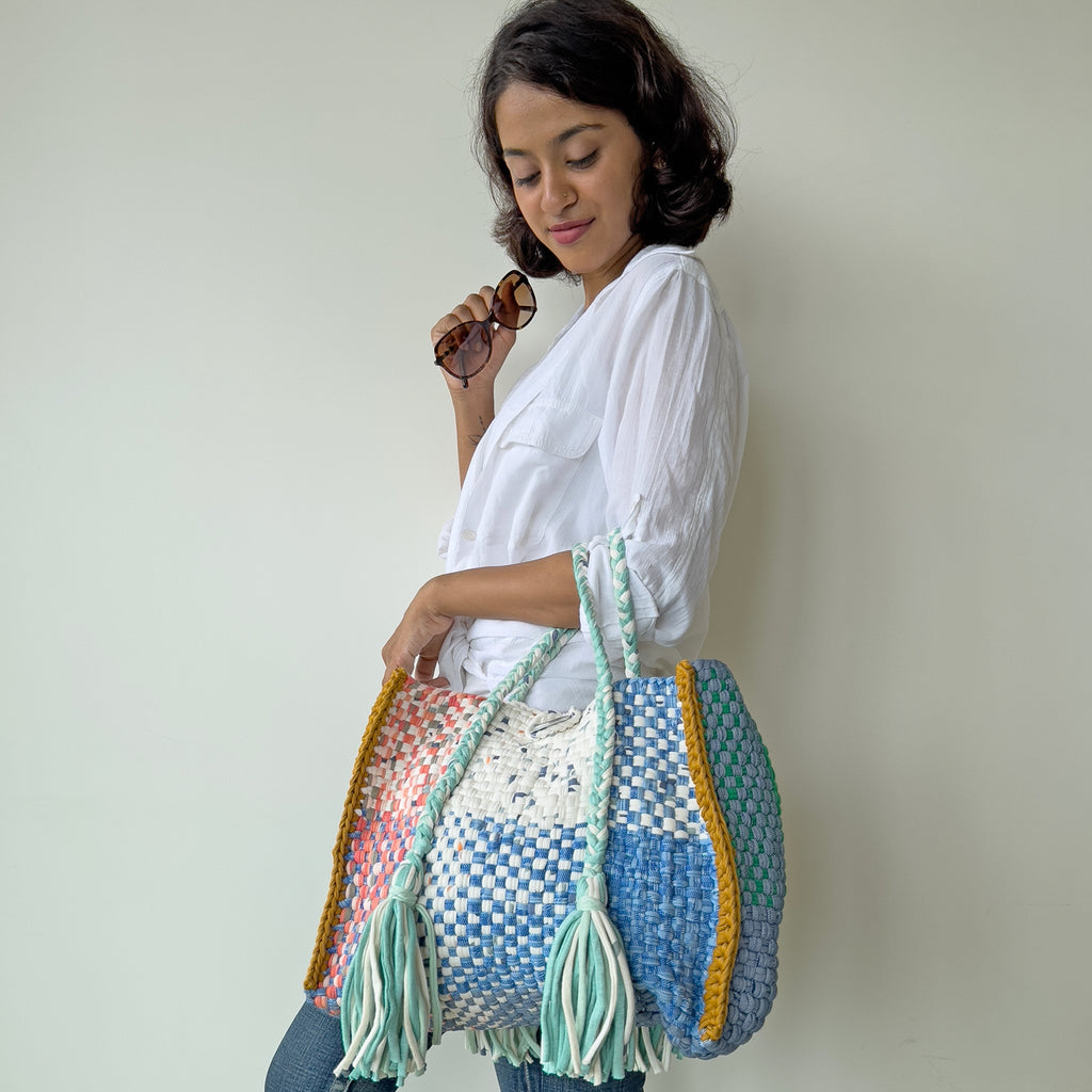 Oversized Tote / Hand / Shoulder Carry peach, ivory blue green ocre