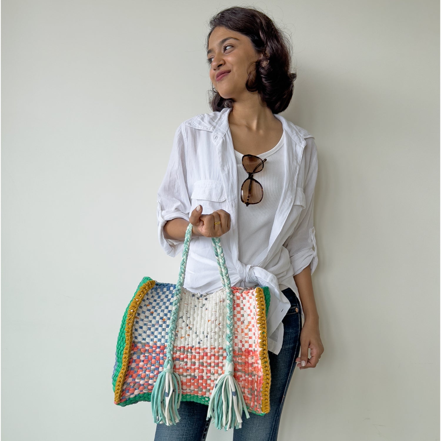 Image of Oversized Tote / Hand / Shoulder Carry peach, ivory blue green ocre