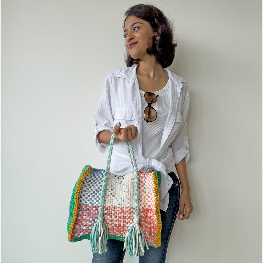 Oversized Tote / Hand / Shoulder Carry peach, ivory blue green ocre