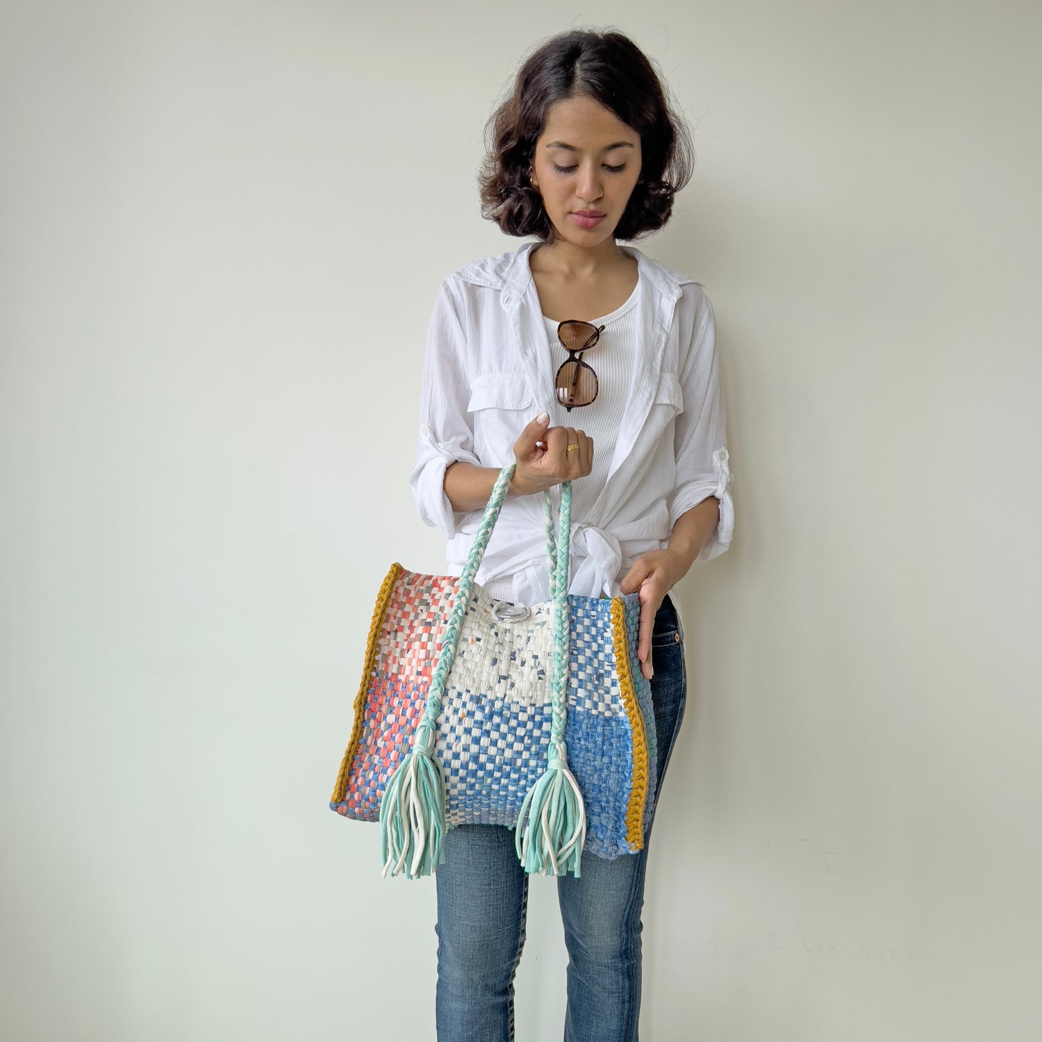 Image of Oversized Tote / Hand / Shoulder Carry peach, ivory blue green ocre