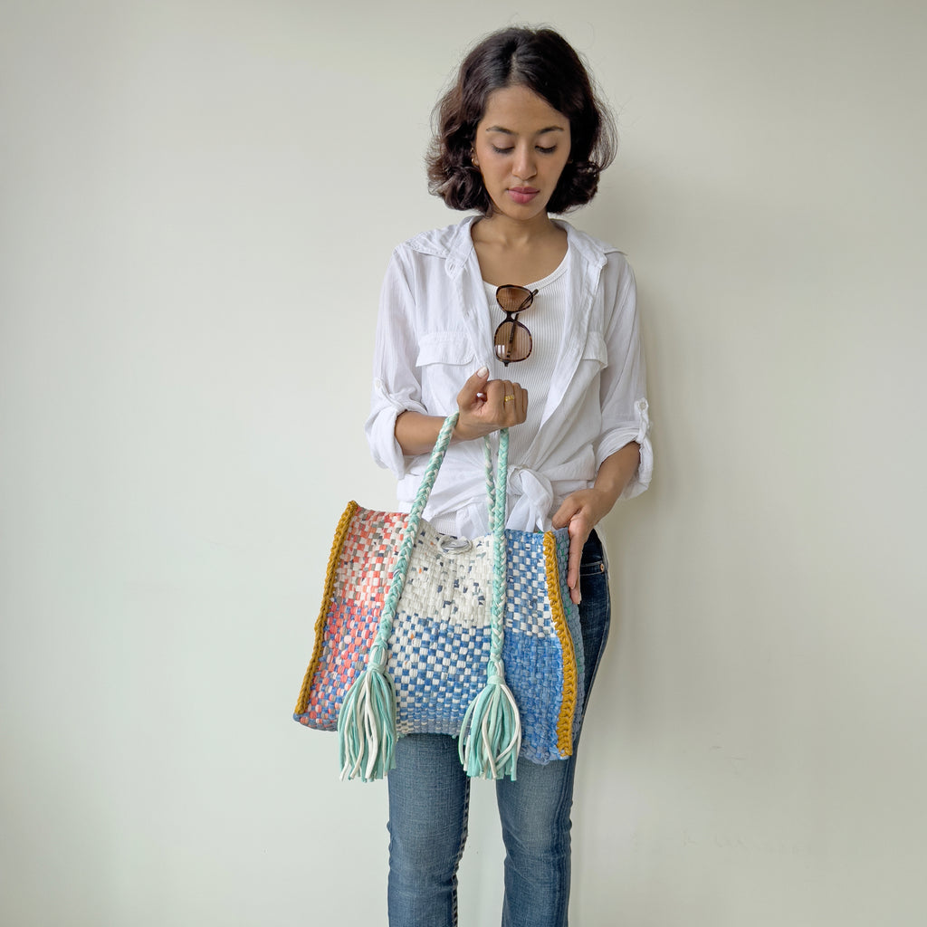Oversized Tote / Hand / Shoulder Carry peach, ivory blue green ocre