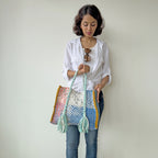 Oversized Tote / Hand / Shoulder Carry peach, ivory blue green ocre