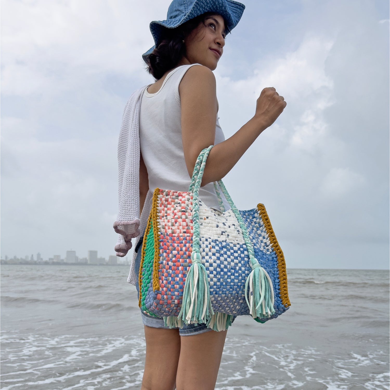 Image of Oversized Tote / Hand / Shoulder Carry peach, ivory blue green ocre