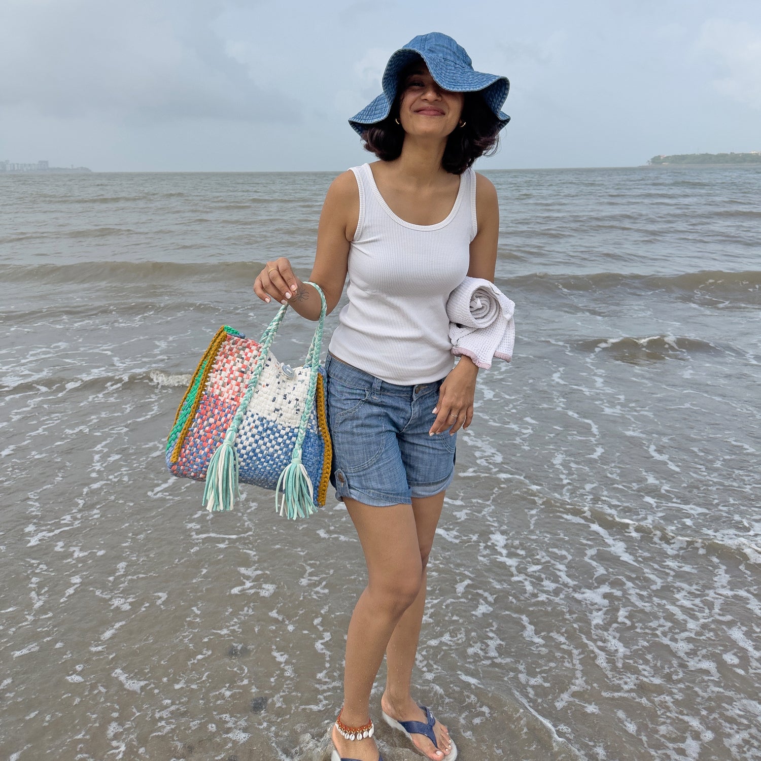 Image of Oversized Tote / Hand / Shoulder Carry peach, ivory blue green ocre