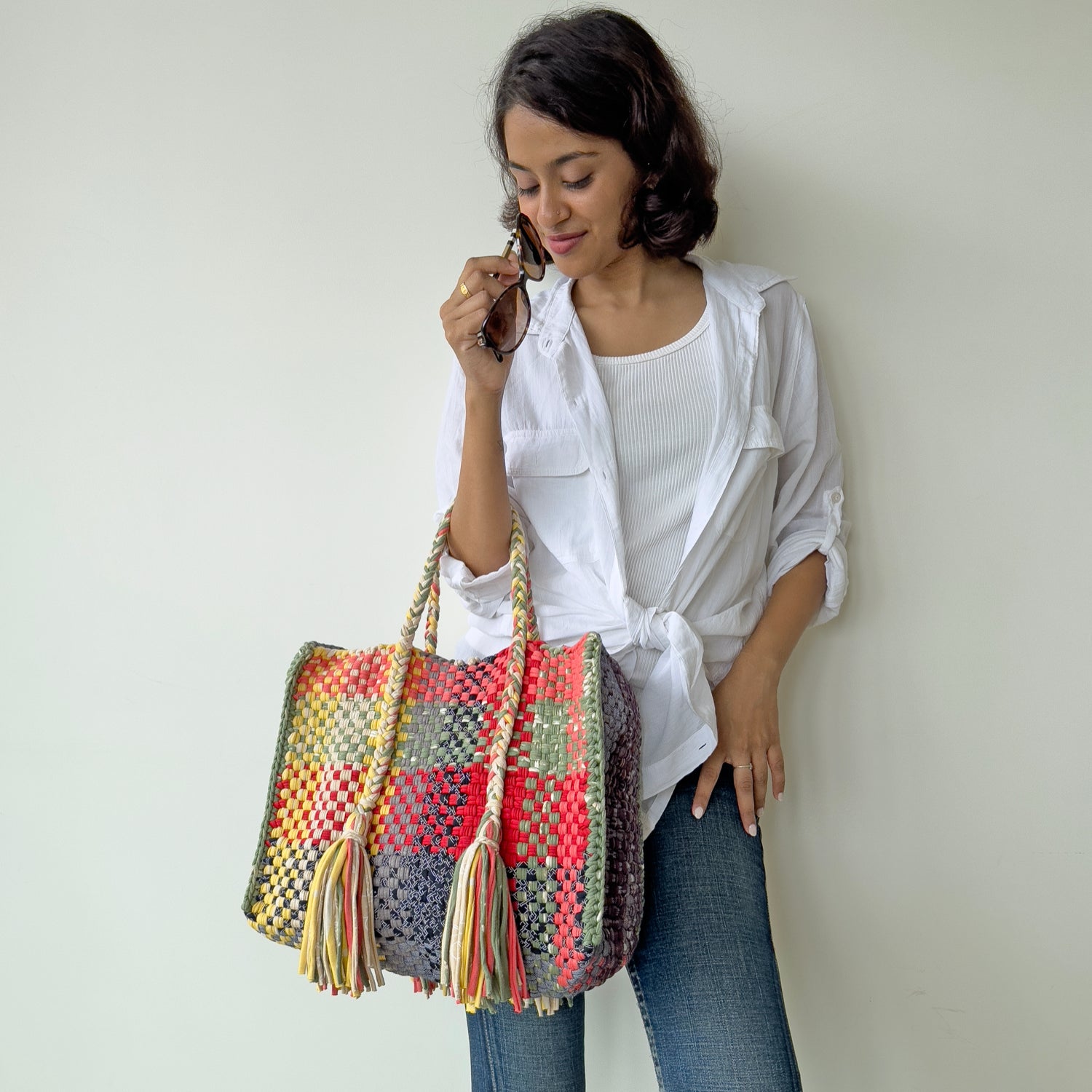 Image of Oversized Tote / Hand / Shoulder Carry yellow beige grey red green black