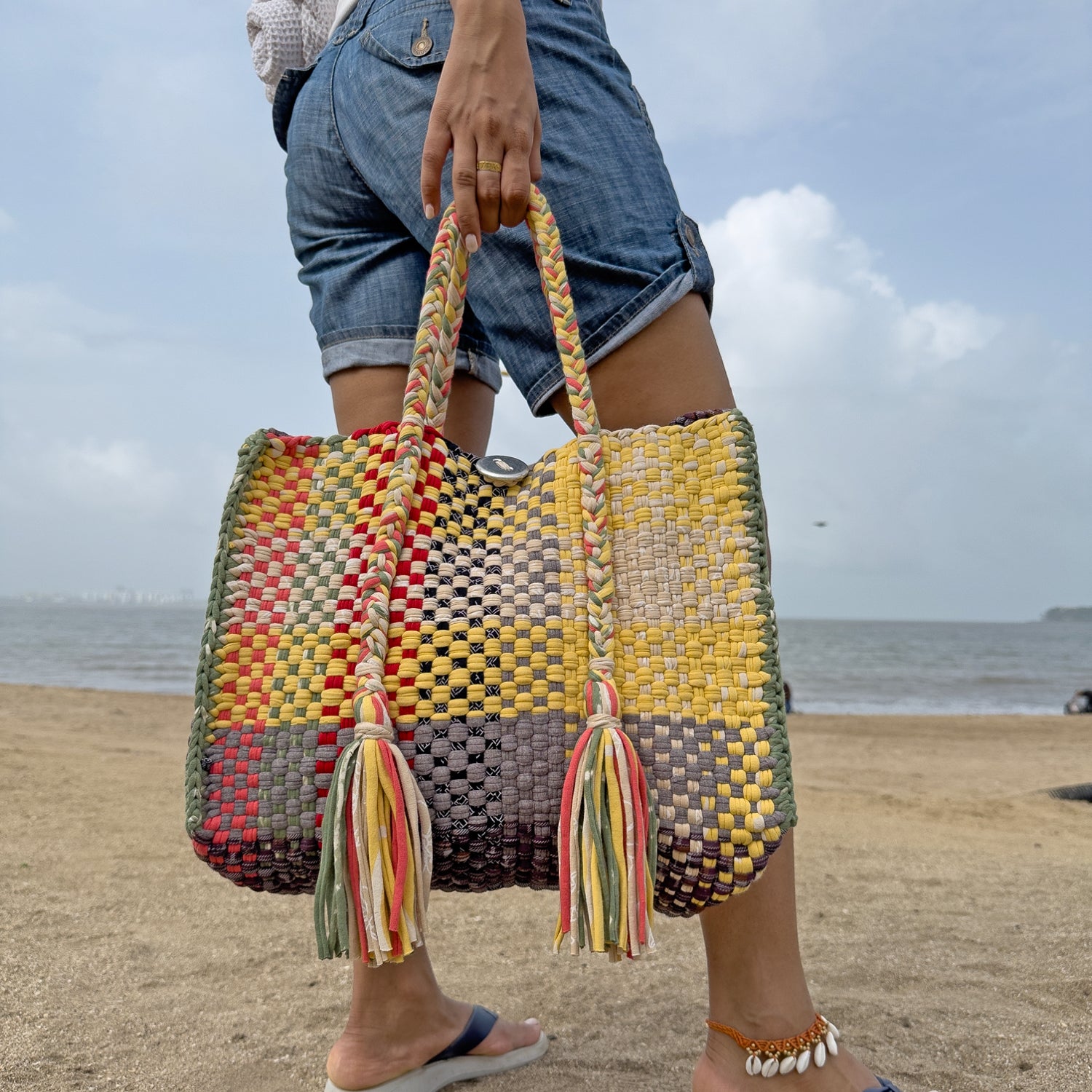 Image of Oversized Tote / Hand / Shoulder Carry yellow beige grey red green black
