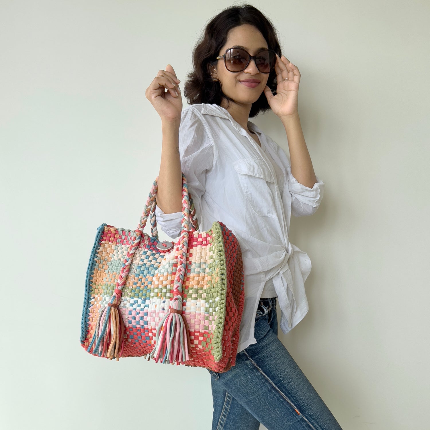 Image of Oversized Tote / Hand / Shoulder Carry Coral green ivory latte lemon pink blue