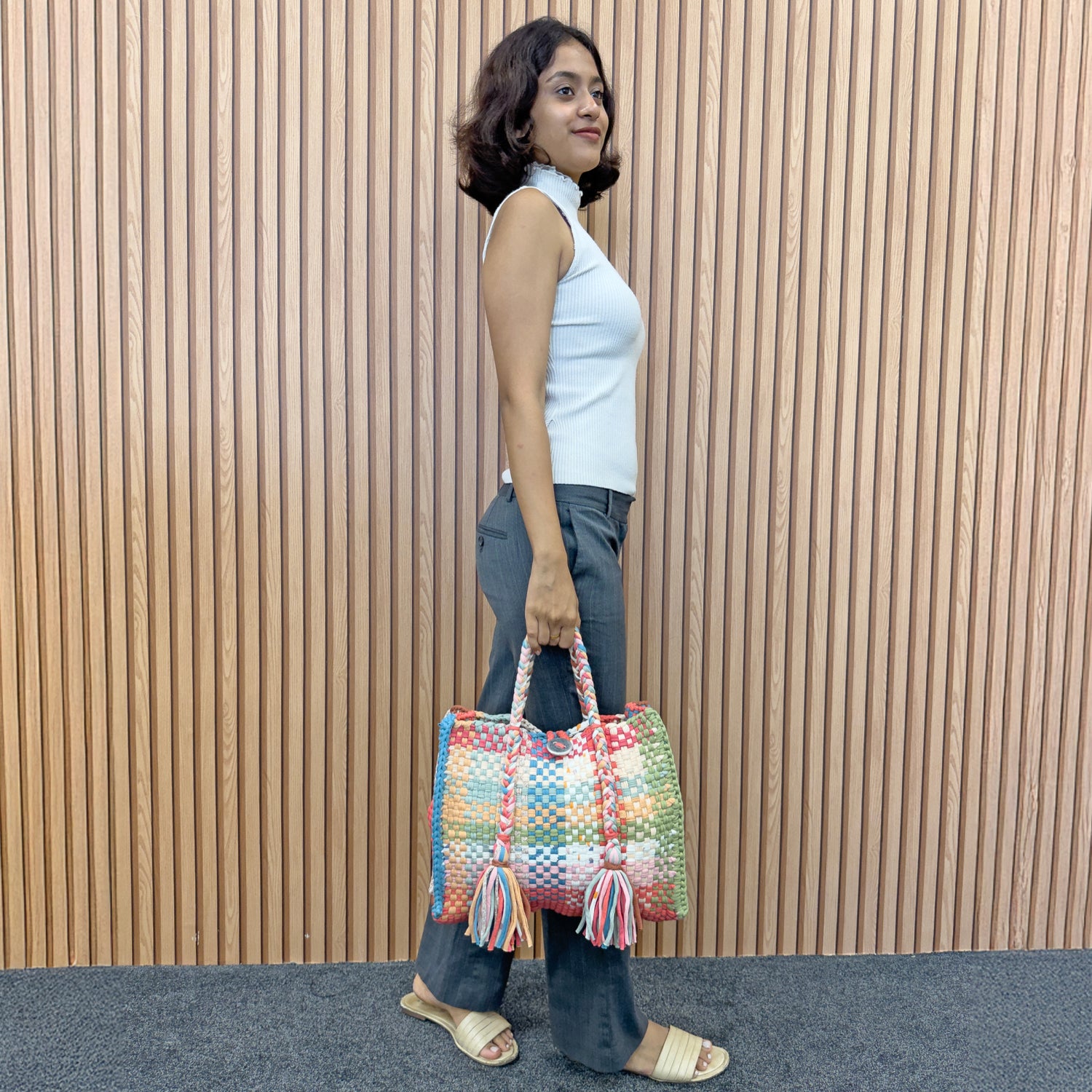 Image of Oversized Tote / Hand / Shoulder Carry Coral green ivory latte lemon pink blue