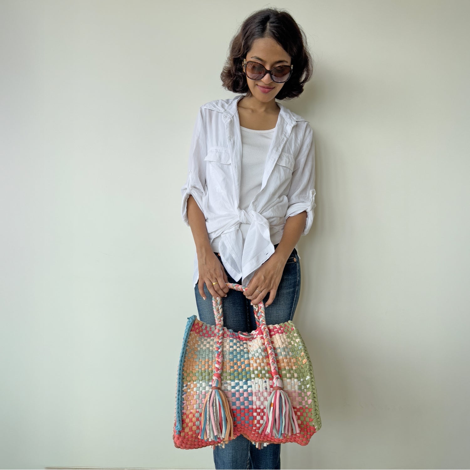 Image of Oversized Tote / Hand / Shoulder Carry Coral green ivory latte lemon pink blue
