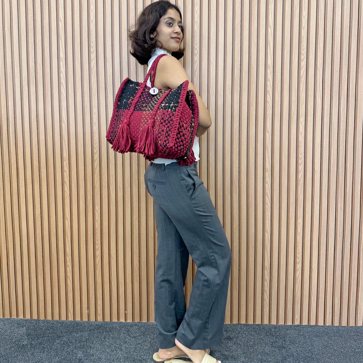 Image of Oversized Tote / Hand / Shoulder Carry Maroon Black Brown