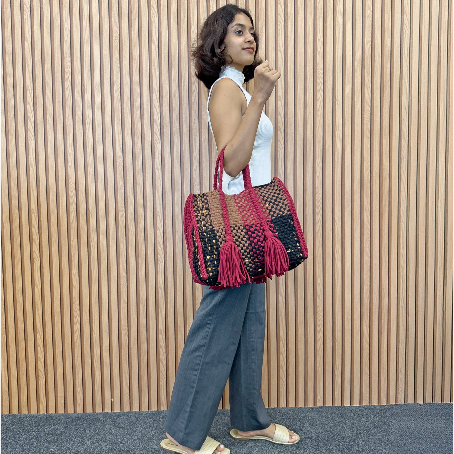 Image of Oversized Tote / Hand / Shoulder Carry Maroon Black Brown