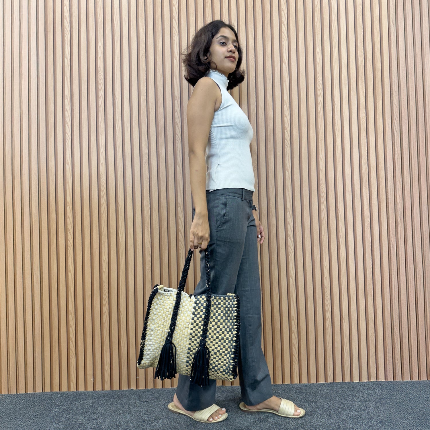 Image of Oversized Tote / Hand / Shoulder Carry charcoal beige silver grey