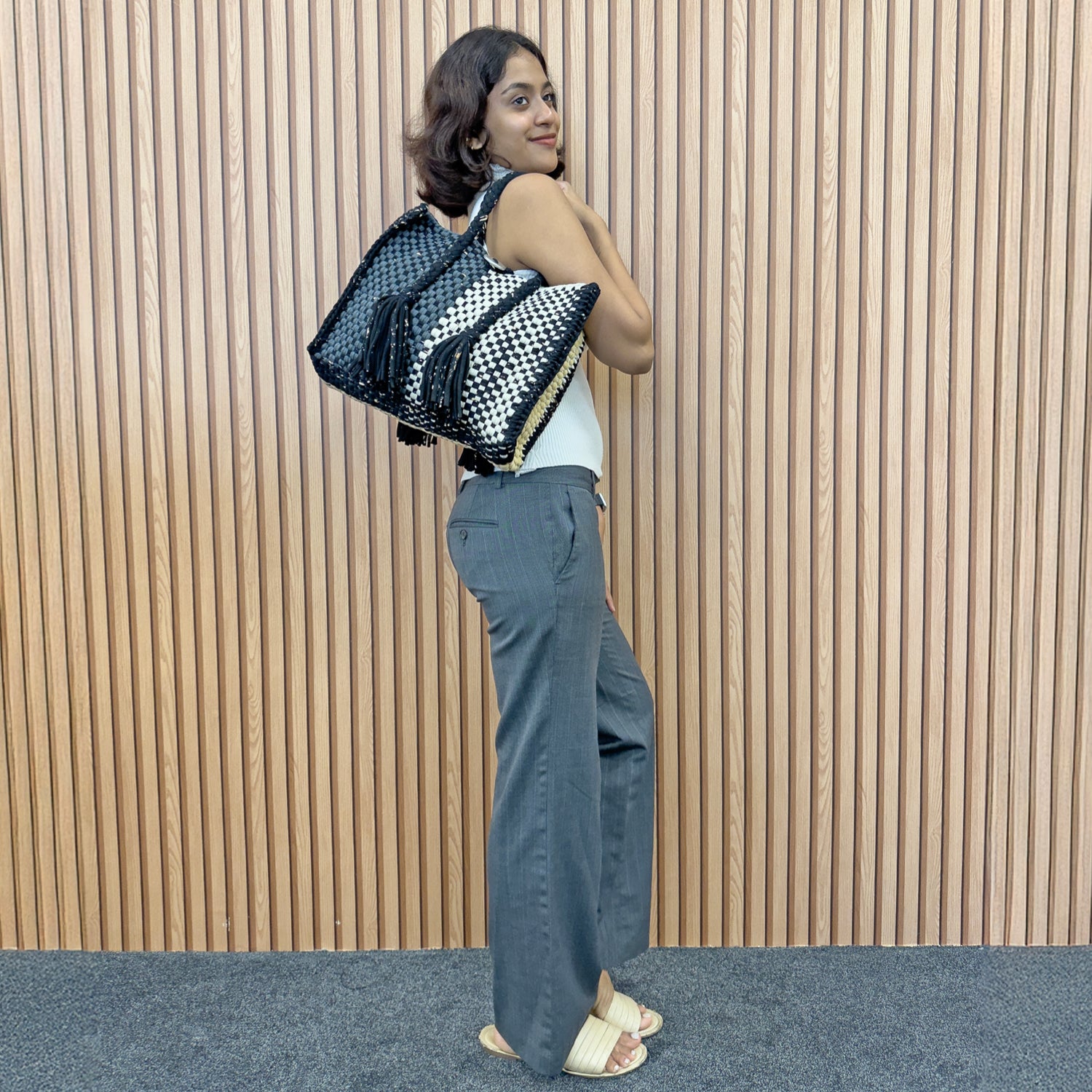 Image of Oversized Tote / Hand / Shoulder Carry charcoal beige silver grey