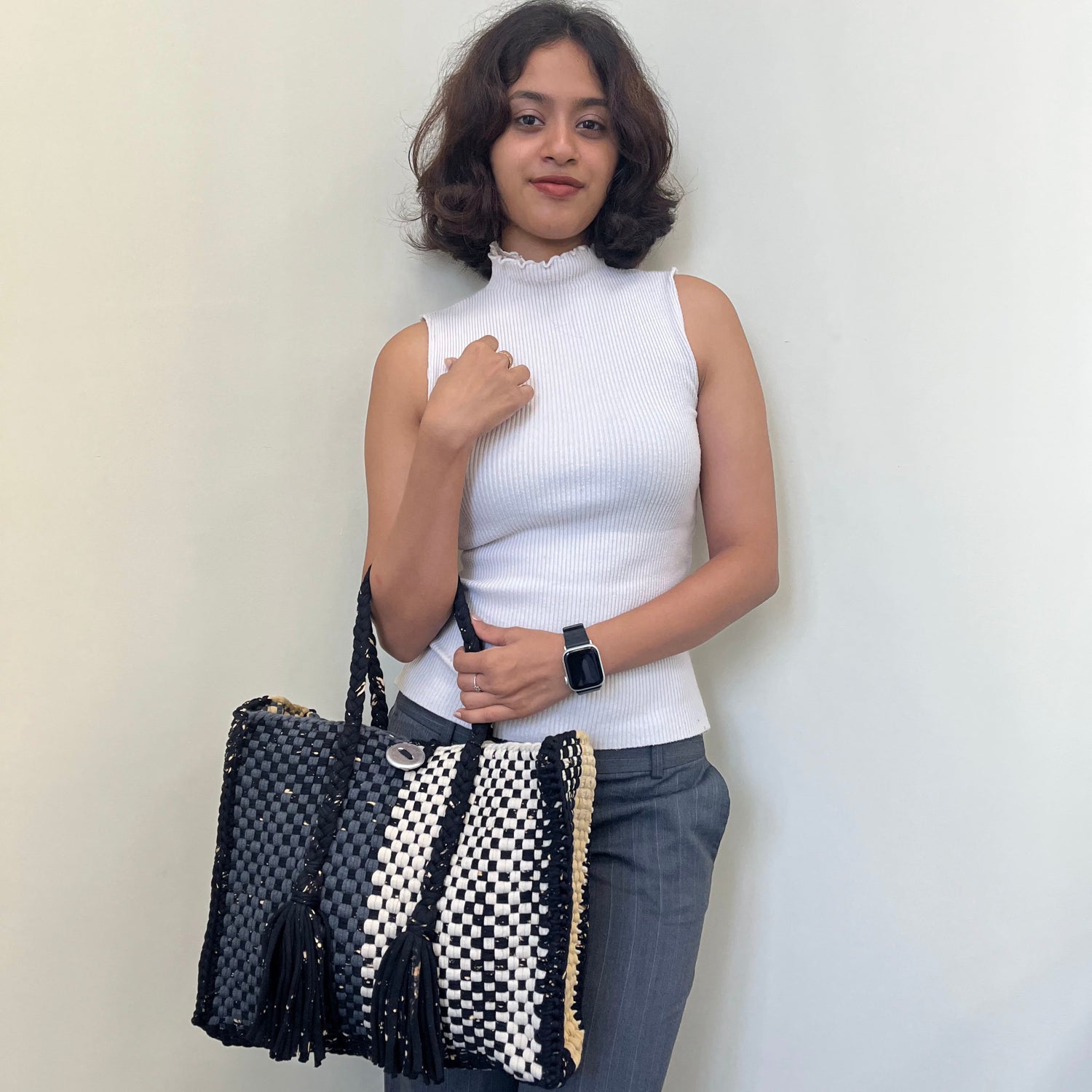 Image of Oversized Tote / Hand / Shoulder Carry charcoal beige silver grey