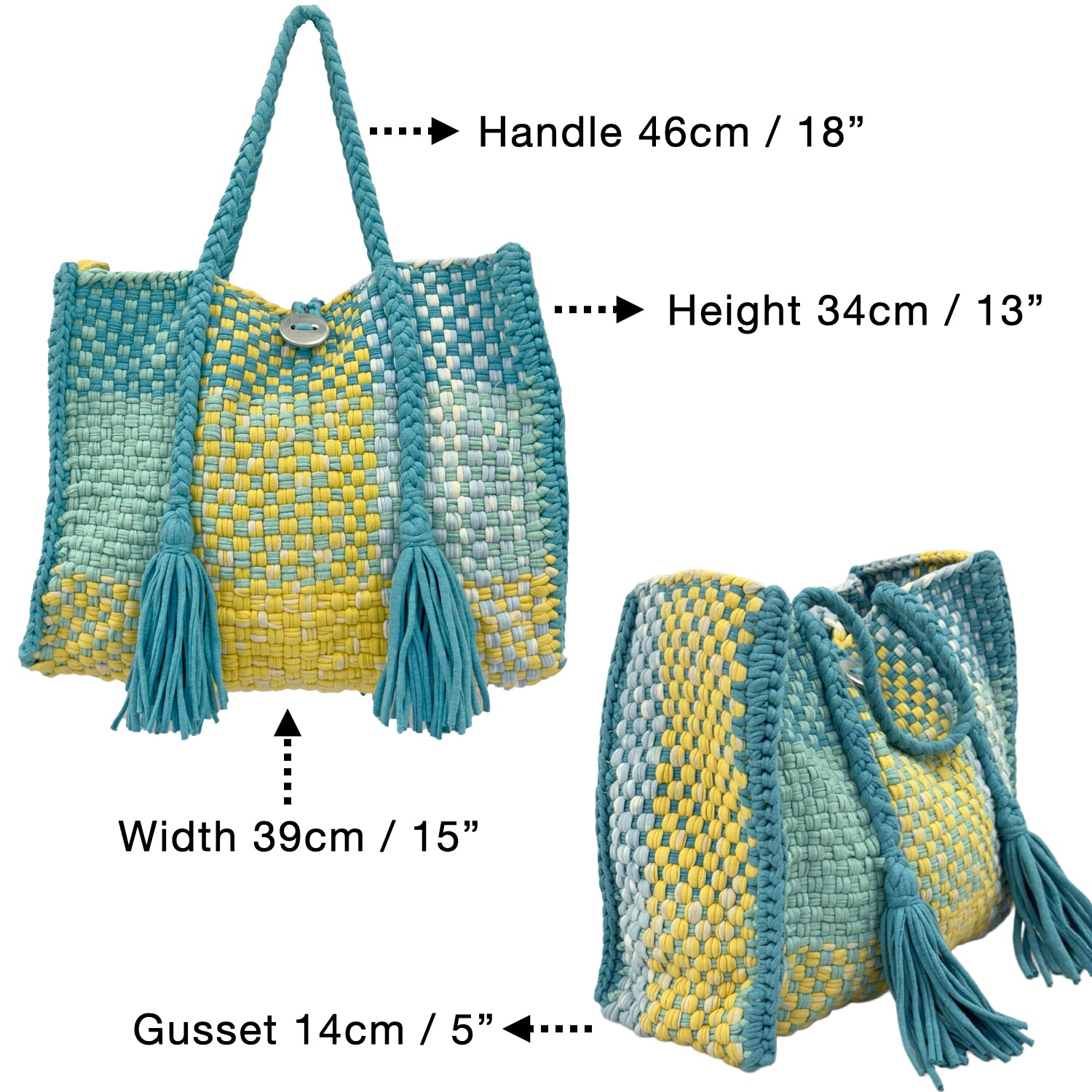 Image of Oversized Tote / Hand / Shoulder Carry Aqua lemon yellow sky blue