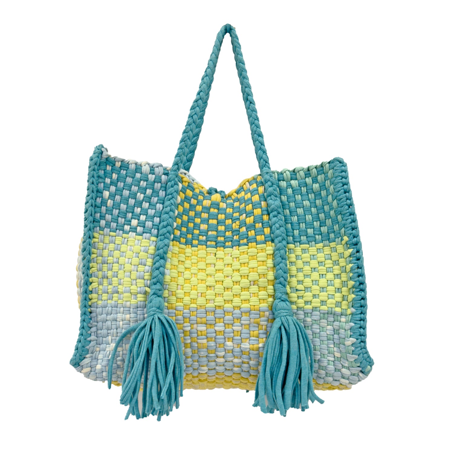 Image of Oversized Tote / Hand / Shoulder Carry Aqua lemon yellow sky blue