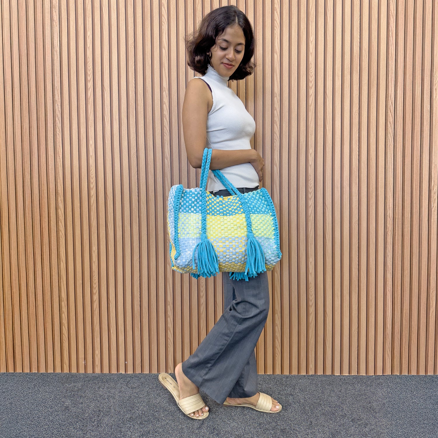 Image of Oversized Tote / Hand / Shoulder Carry Aqua lemon yellow sky blue