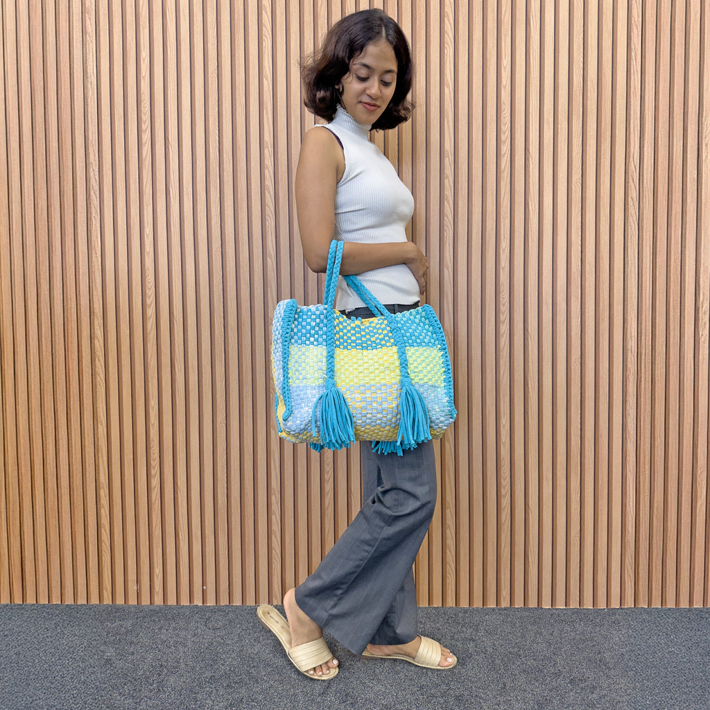 Oversized Tote / Hand / Shoulder Carry Aqua lemon yellow sky blue