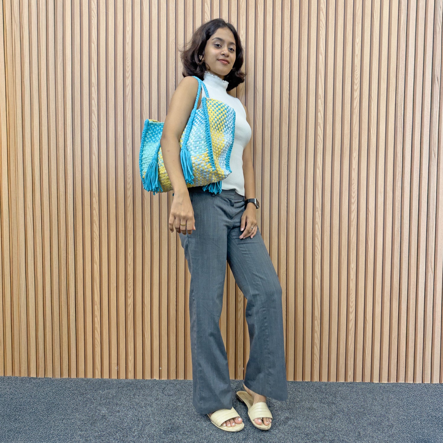 Image of Oversized Tote / Hand / Shoulder Carry Aqua lemon yellow sky blue