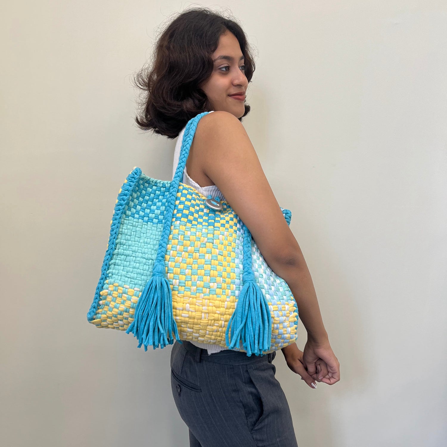 Image of Oversized Tote / Hand / Shoulder Carry Aqua lemon yellow sky blue