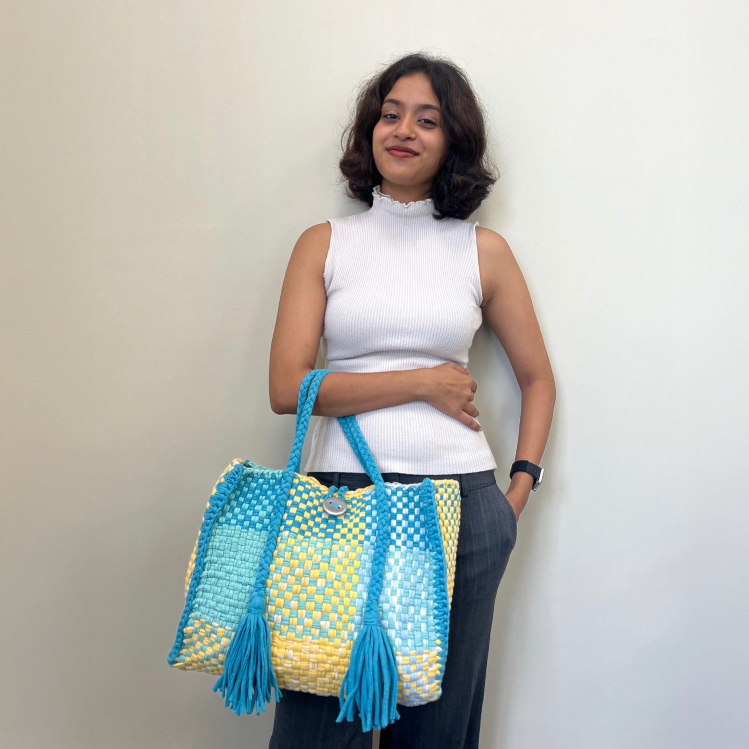 Image of Oversized Tote / Hand / Shoulder Carry Aqua lemon yellow sky blue