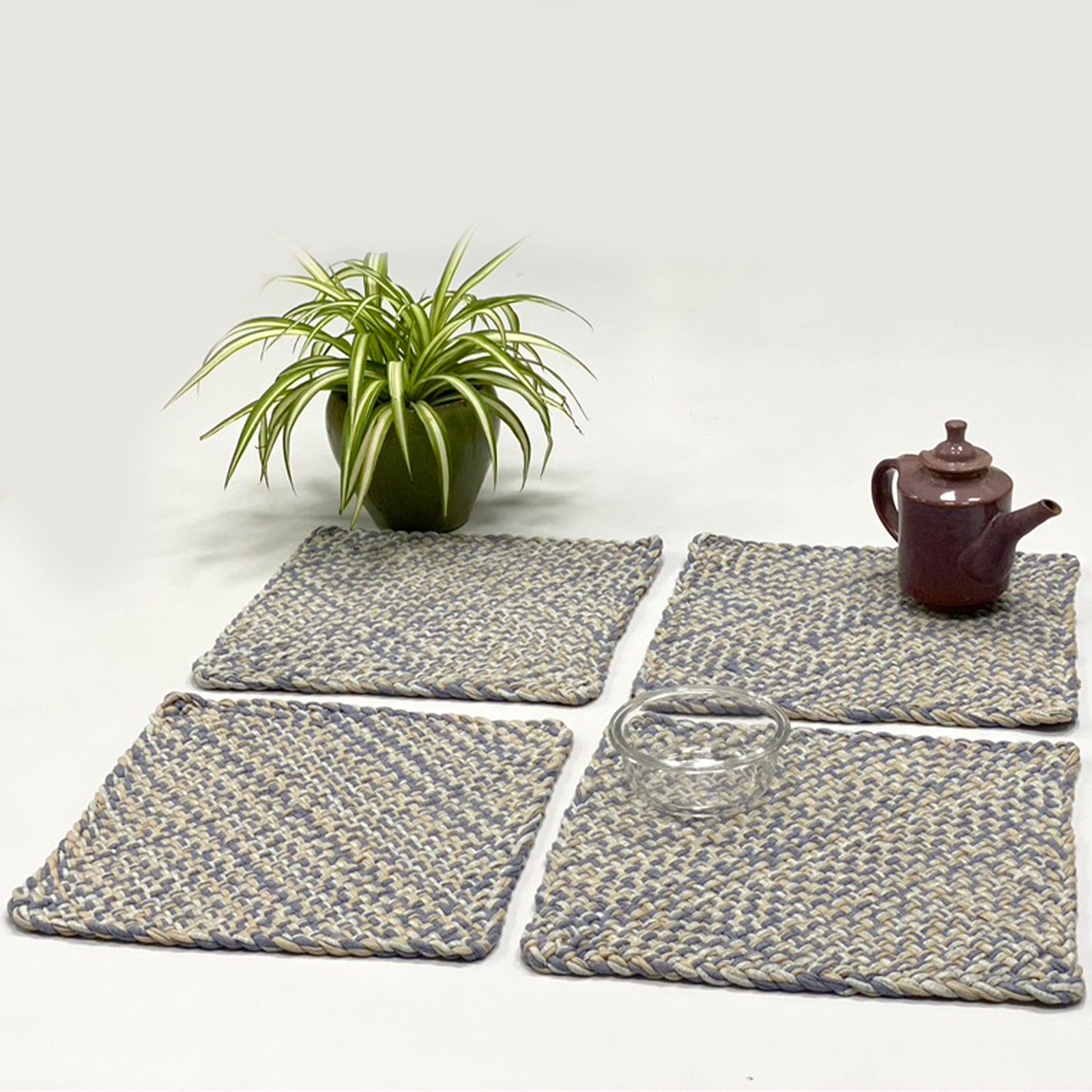 Image of Set of 4 Hand-Woven Square Placemats / Dining Mats Blue Melange Nude Grey