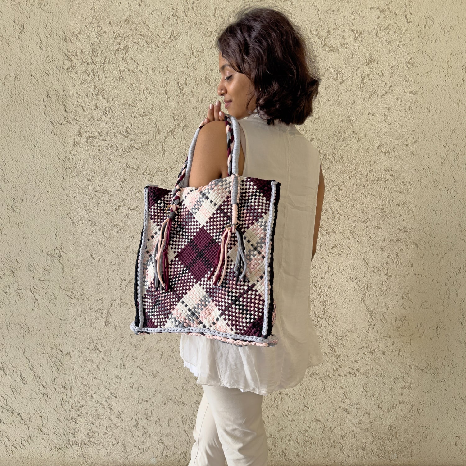 Image of Soft Tote | Hand Carry | Burgundy Grey White Black Salmon