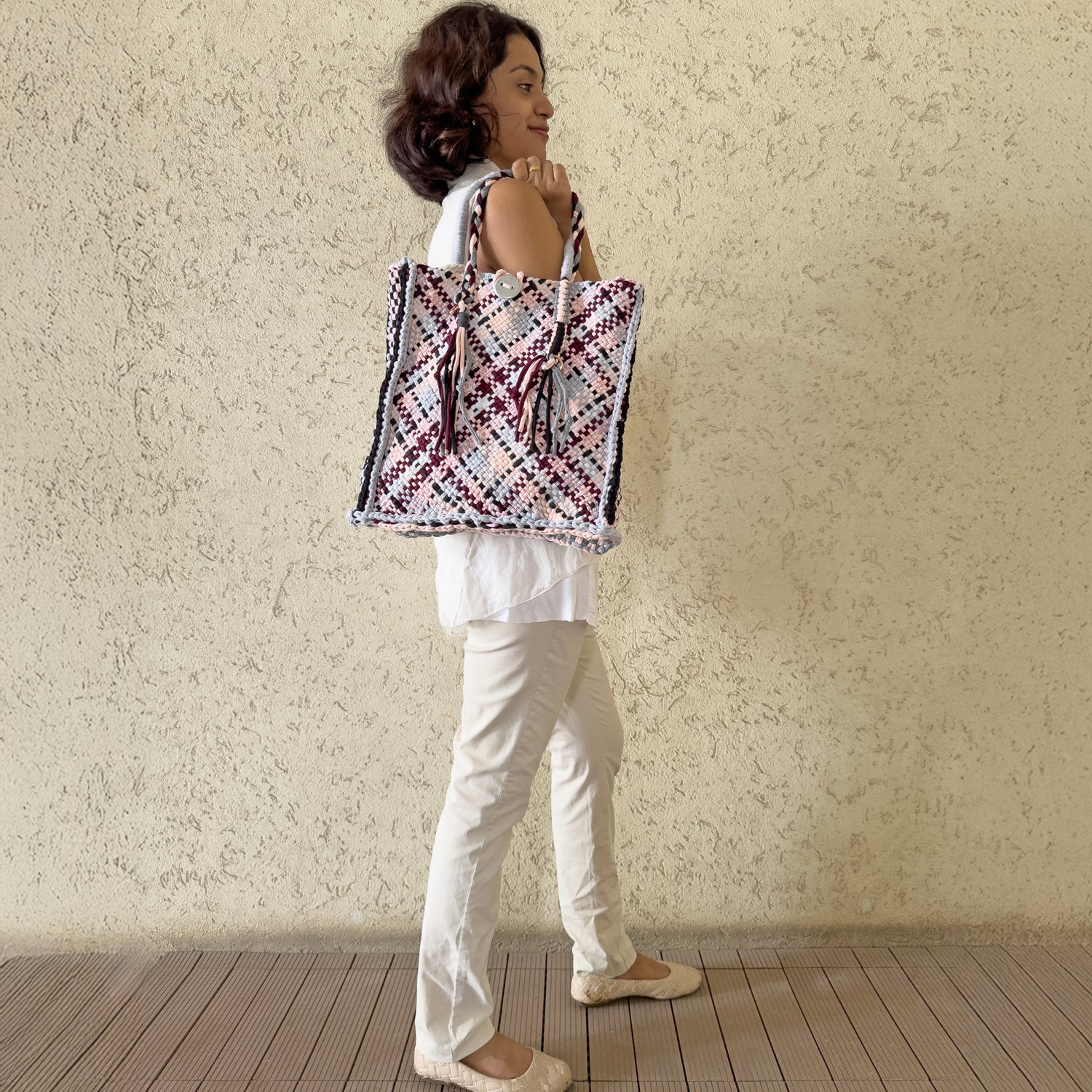 Image of Soft Tote | Hand Carry | Burgundy Grey White Black Salmon