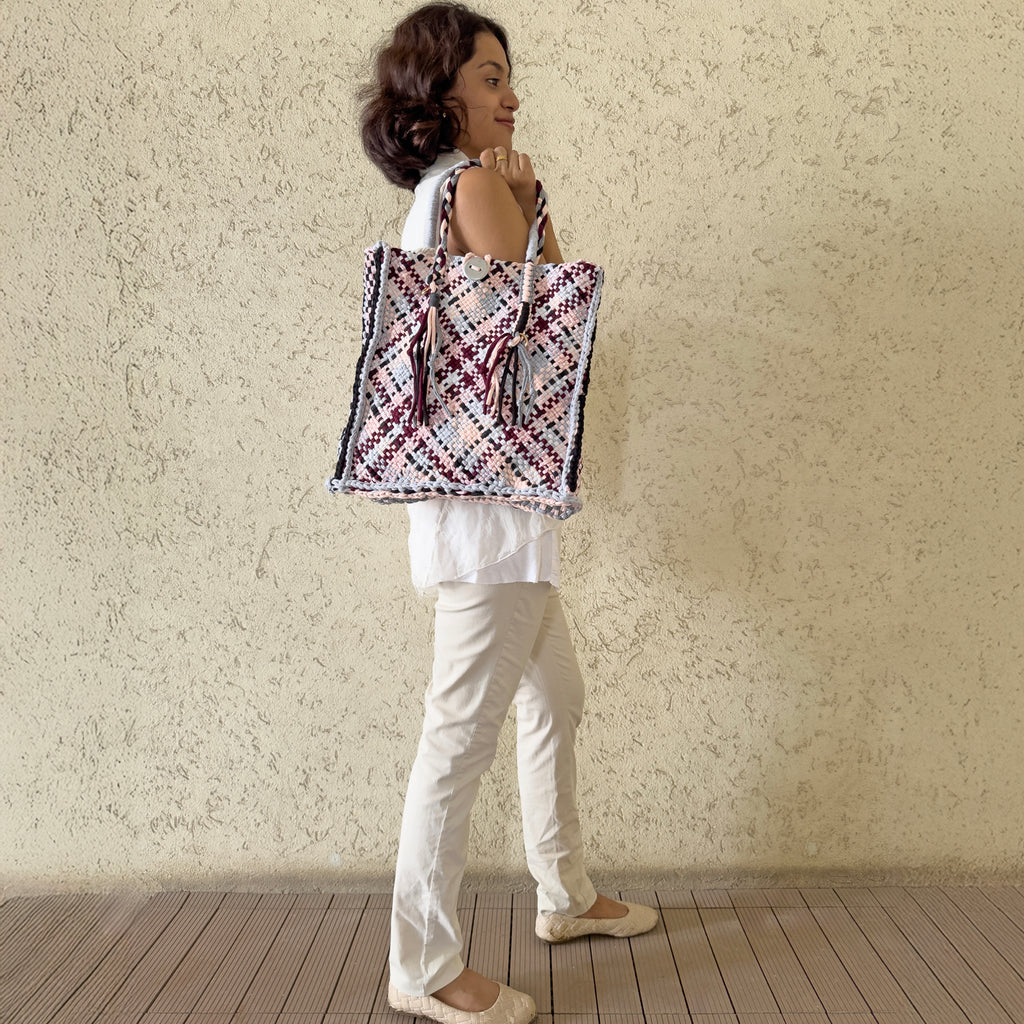Soft Tote | Hand Carry | Burgundy Grey White Black Salmon