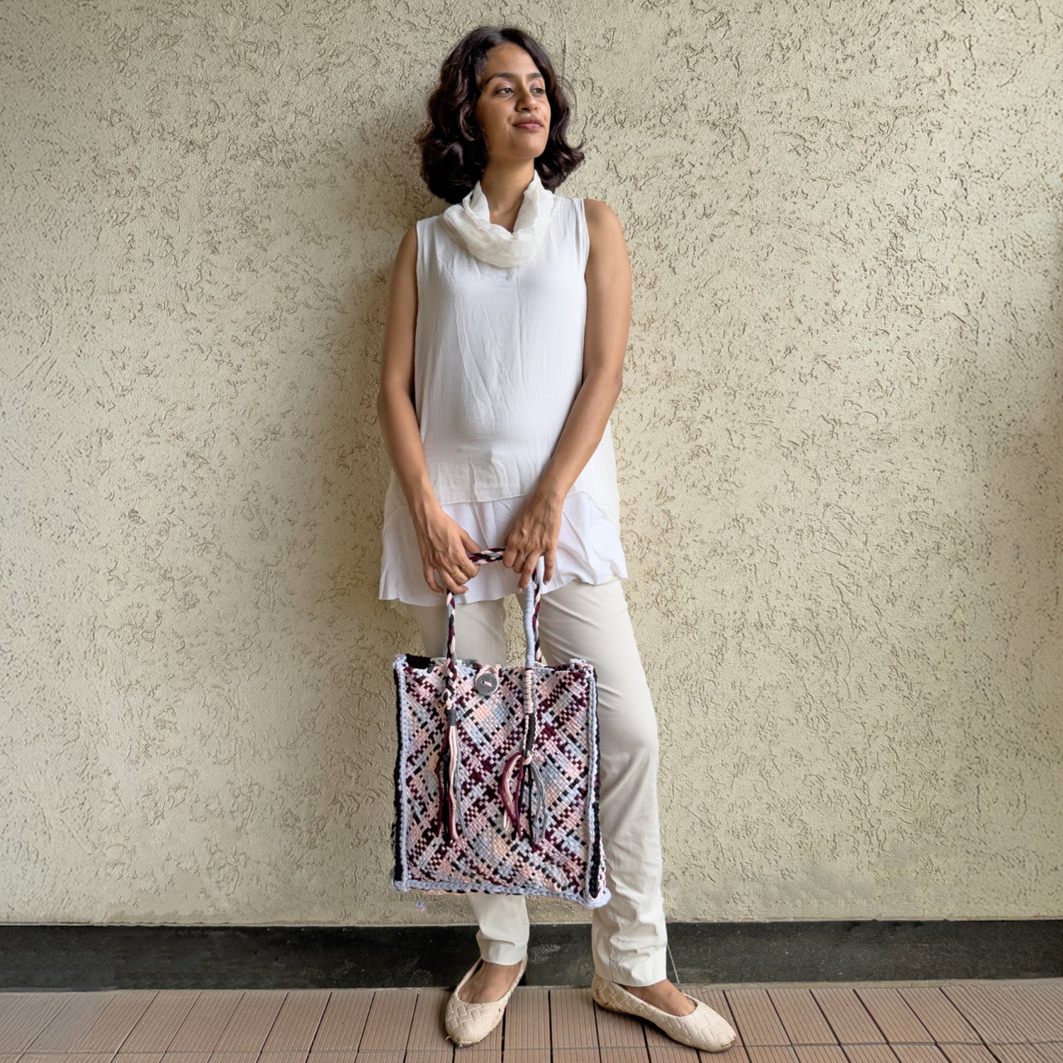 Image of Soft Tote | Hand Carry | Burgundy Grey White Black Salmon
