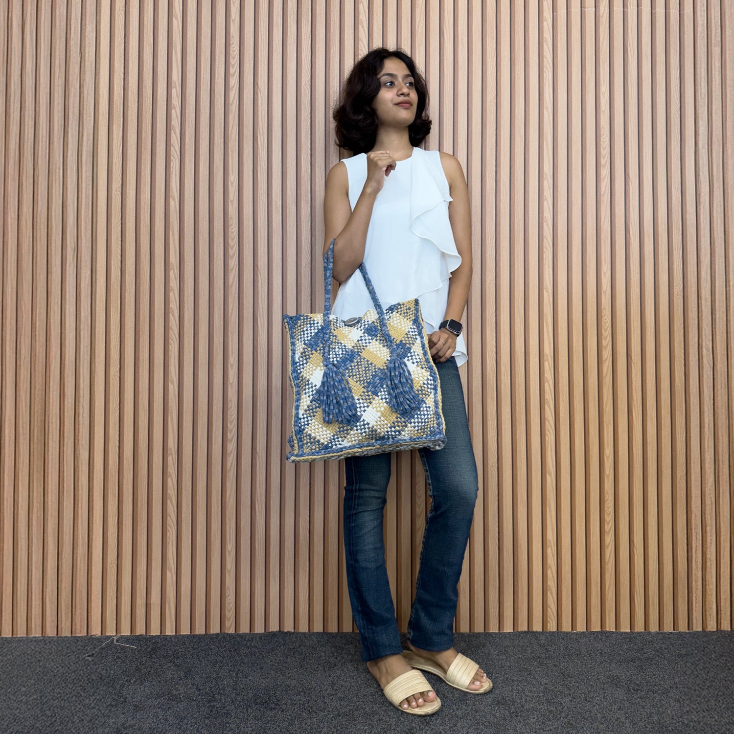 Image of Soft Tote | Hand Carry | Blue Beige Black